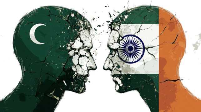 India and Pakistan conflict concept with fractured heads, symbolizing political tension