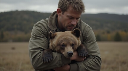 Man gently embraces a young bear in a serene field surrounded by nature during autumn Generative AI