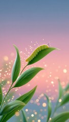 Tiny Green Tea Caterpillar Perched on Leaf Against Dreamy Bokeh Background at Sunset