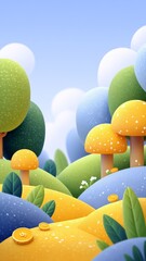 Vibrant Cartoon Landscape with Colorful Trees and Playful Mushrooms Under a Clear Sky