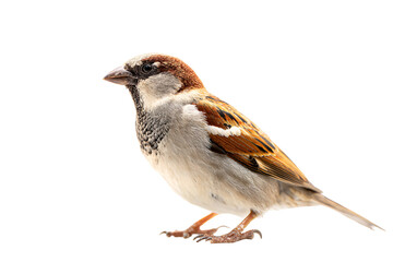 Small brown bird perched, sparrow with short tail and pointed wings, showcasing nature's simplicity and charm, space for text. Isolated on white background or PNG