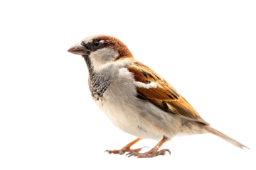 Small brown bird perched, sparrow with short tail and pointed wings, showcasing nature's simplicity and charm, space for text. Isolated on white background or PNG