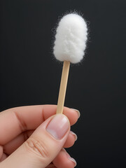 Hand holding Povidone iodine swab made of wooden stick and cotton wool for first aid