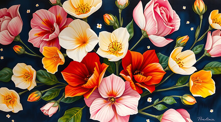 Vibrant floral arrangement featuring various blooms on a dark background Generative AI