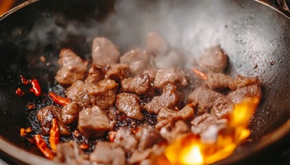 Traditional Asian cuisine is being cooked in a wok over high heat as a chef stir-fries beef and vegetables, set against a dark background