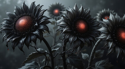 Unique black sunflowers with red centers in a mysterious dark forest at twilight Generative AI