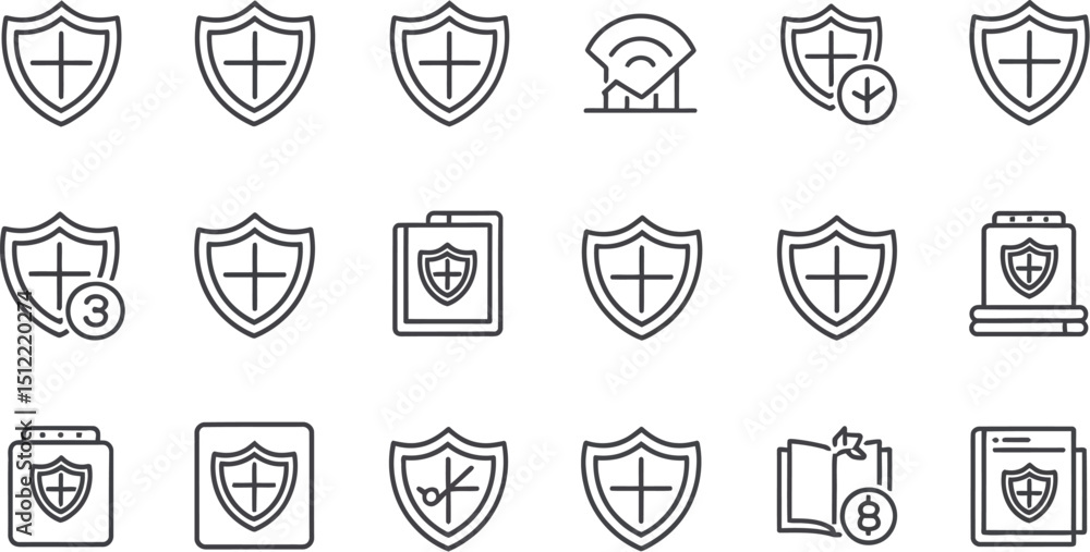 Poster a set of line art icons depicting various symbols related to security and protection concepts on whi