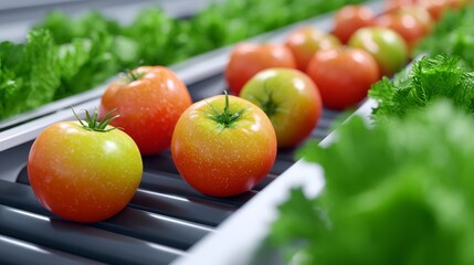 Automated Conveyor System Transporting Freshly Harvested Tomatoes and Lettuce in a Modern Agricultural Facility