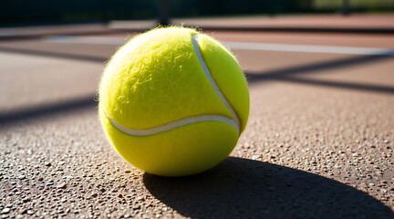 Bright yellow tennis ball resting on a textured court surface in the afternoon sunlight Generative AI