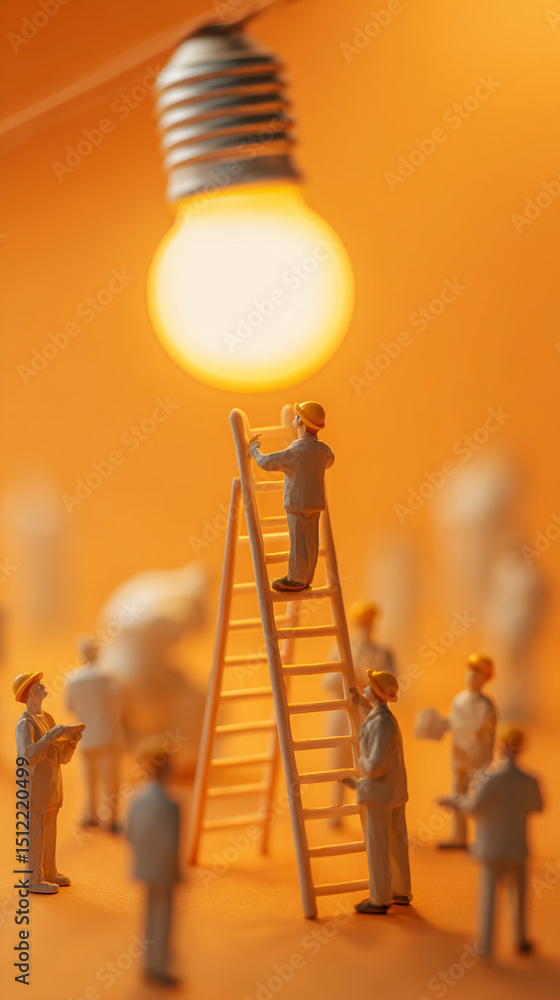 Poster miniature workers on ladder reaching illuminated bulb, showcasing teamwork, innovation, and problem-