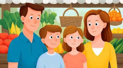 Cheerful Cartoon Family Shopping Together at a Vibrant Farmer's Market with Fresh Produce