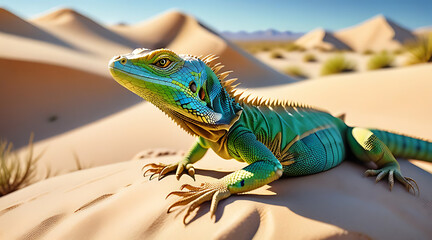 Lizard resting on golden sand in a vibrant desert landscape under a clear blue sky Generative AI