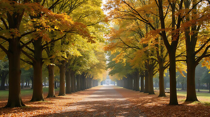 Beautiful autumn pathway lined with colorful trees in a serene park setting during golden sunlight Generative AI