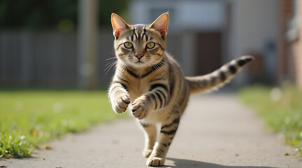 Curious tabby cat explores garden path on a sunny day Generative AI