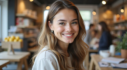 Smiling young woman enjoying her time at a cozy cafe during daytime surrounded by people and vibrant decor Generative AI