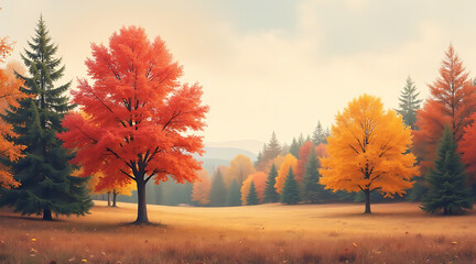 Vibrant autumn landscape featuring colorful trees and serene hills in the distance Generative AI