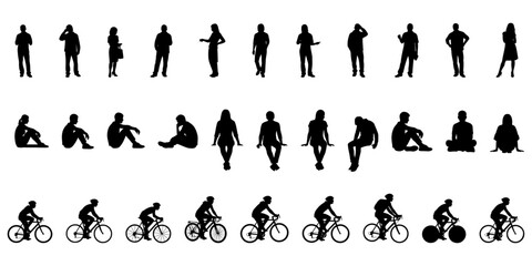 Architectural Drawings people vector illustration, side view, standing, sitting, cycling, human person Minimal style hand drawn. Sections, Elevations, Floor Plans