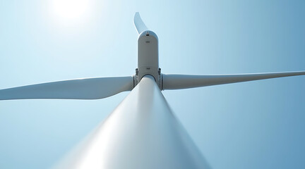 View of wind turbine blades against clear blue sky with sunlight shining bright above Generative AI