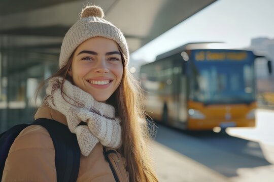 Joyful woman tourist at bus terminal on bright day