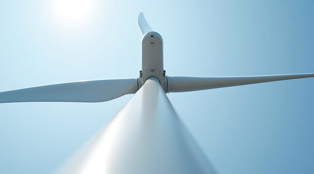 View of wind turbine blades against clear blue sky with sunlight shining bright above Generative AI