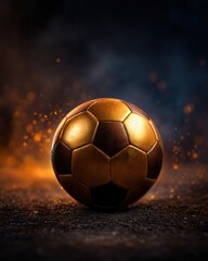 Fototapeta premium A stunning close-up of a golden soccer ball, illuminated against a dramatic backdrop of sparks and shadows, capturing the essence of sports and passion for the game.