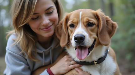 Joyful moments shared between a woman and her beagle in a forest setting Generative AI