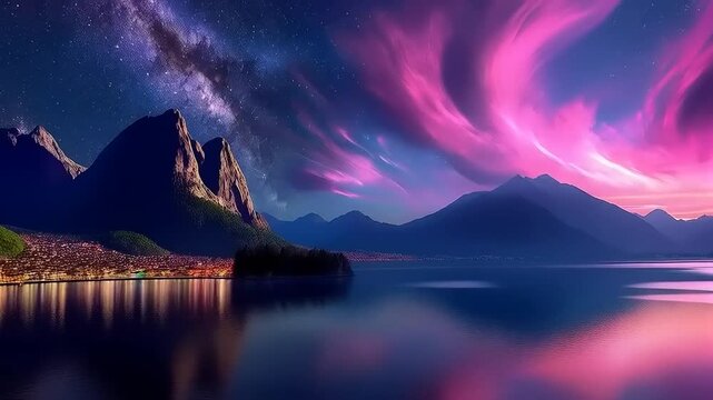 Serene Lakeside Vista: Pink Clouds Reflecting in Tranquil Waters Beneath Starry Skies
