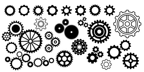 Gear icon vector set, black cogwheel vector collection, mechanical gear shapes, engineering symbols, industrial machinery, sprocket designs, abstract gearwheel graphics