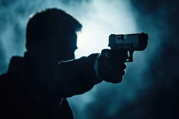 Silhouette of man holding pistol in dark dramatic scene