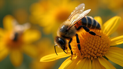 robotic bees pollinating flowers. aerial photo of robotic bees. ultra realistic depiction of bees. swarm of robotic pollinators in action.
