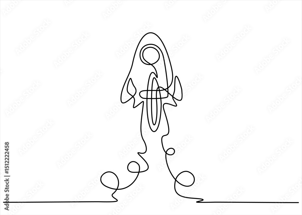 Poster hand drawn one line vector. rocket space ship launch into universe concept. one continuous line draw