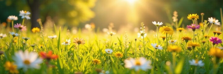 Obraz premium Sunlit meadow ablaze with diverse wildflowers , nature photography, summer scene, rural