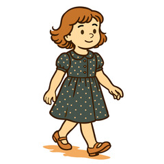 flat vector girl in green polka dot dress in retro style