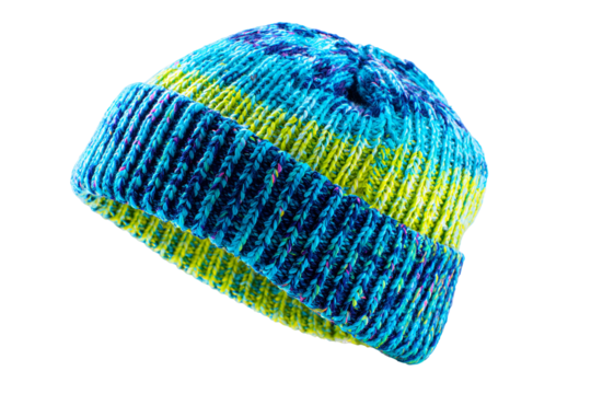 Colorful knitted beanie, vibrant blue and green pattern, cozy winter accessory, perfect for casual outings or outdoor activities. Isolated on white background or PNG