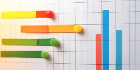 project management budget efficiency concept. Colorful bar chart with metrics displayed using circular markers on a grid background.