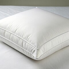 Fototapeta premium Close-up of a soft white pillow on a bed, perfect for sleeping and relaxation, showcasing its fluffy texture and clean design in a cozy bedroom setting