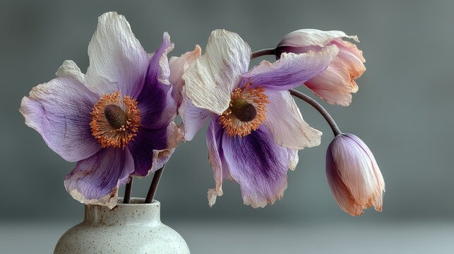 Close-up view of minimalist vase displaying wilted flowers in soft tones