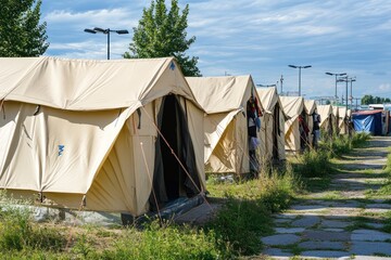 Refugee tent camp with temporary shelters