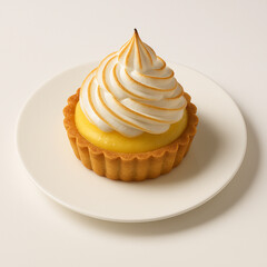 A lemon meringue tart on a white plate. The tart has a golden crust and is topped with fluffy, toasted meringue. The dessert is visually appealing and delicious.