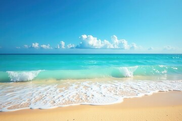 Golden sand, turquoise ocean waves, clear blue sky, graphic, summer