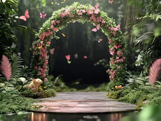 Enchanted passage: floral archway in a mystical garden with mouse and butterflies