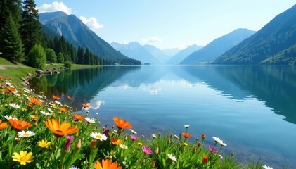 Tranquil lake scene, wildflowers dotting shoreline, summertime, beautiful