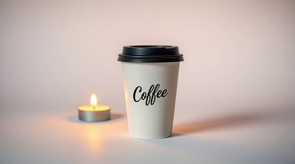 Simple disposable coffee cup, beside a candle