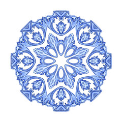 Round Watercolor Floral Frame in Indigo Colors. Can be used as decal, design for tiles, fabric, interior. Capri Majolica color frame 