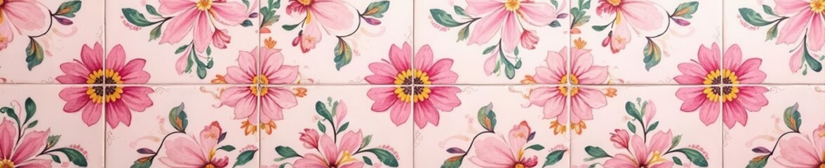 Delicate pink azulejo tiles, intricate floral pattern, mosaic, artisan, portuguese