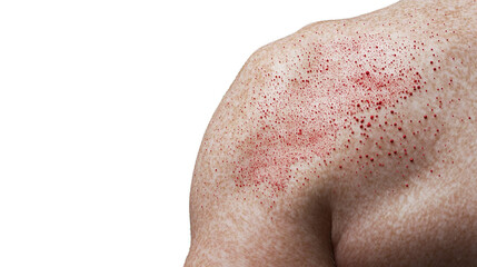 Fototapeta premium Close-up of a Person's Shoulder Showing a Cluster of Red Spots or Rash isolated