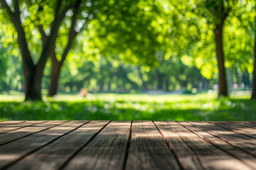 Fototapeta premium A rustic wooden table in focus with a blurred background of a serene park filled with vibrant green trees and sunlight filtering through.