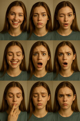 A young Caucasian woman with long brown hair displays various facial expressions, including happiness, surprise, and sadness, in a grid format.