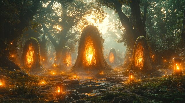 Glowing Forest Shrine at Dusk with Lanterns and Misty Atmosphere