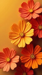 Vibrant orange cosmos blossoms arranged flat, postcard style , sunshine, plant